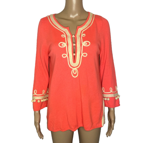 Calypso St. Barth Sweaters - Women's Medium Calypso St. Barth Cashmere Sweater Embellished Orange Pom Pom